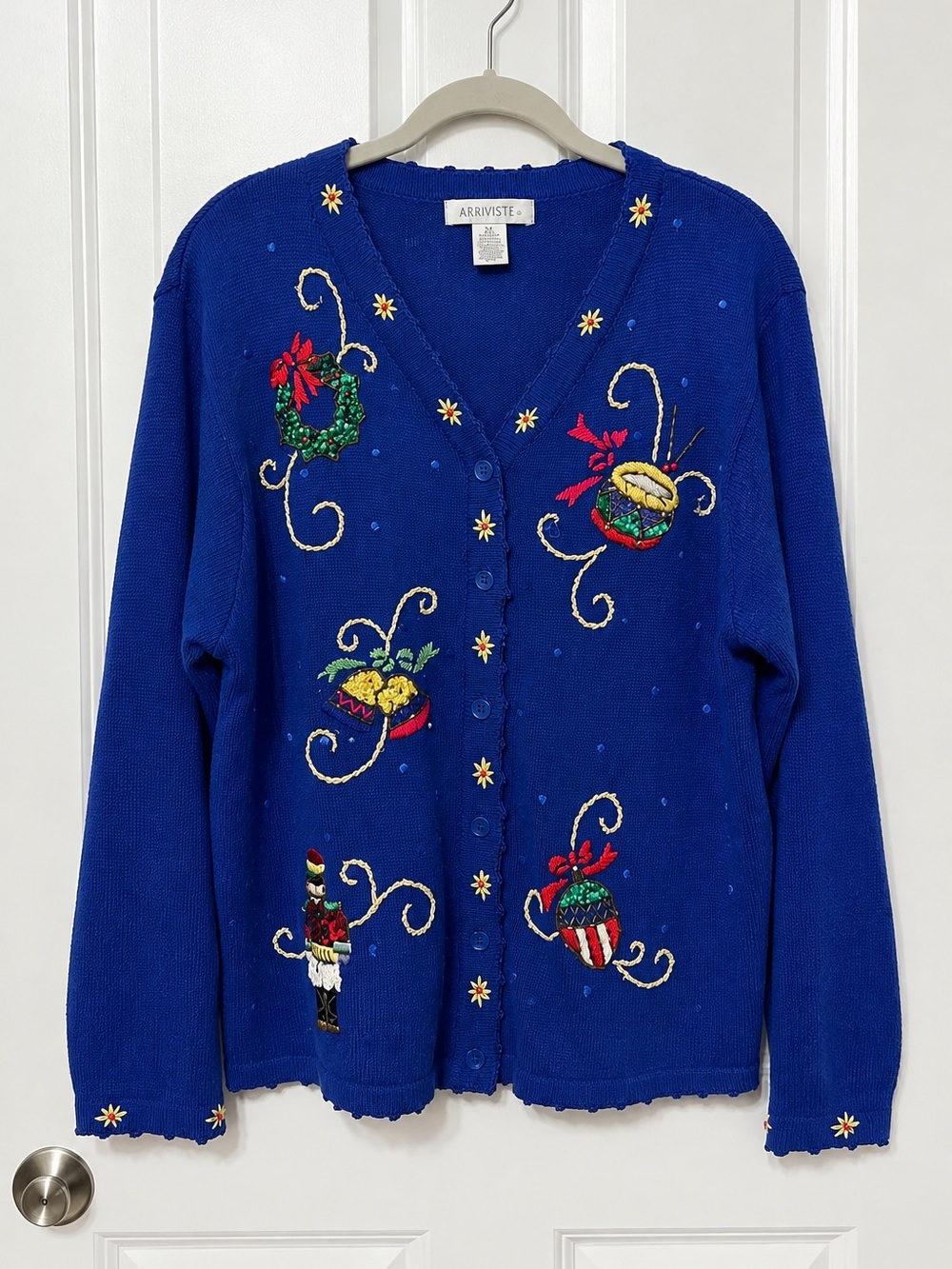 Vintage Arriviste Blue Sequin Christmas Cardigan Sweater - Size XL